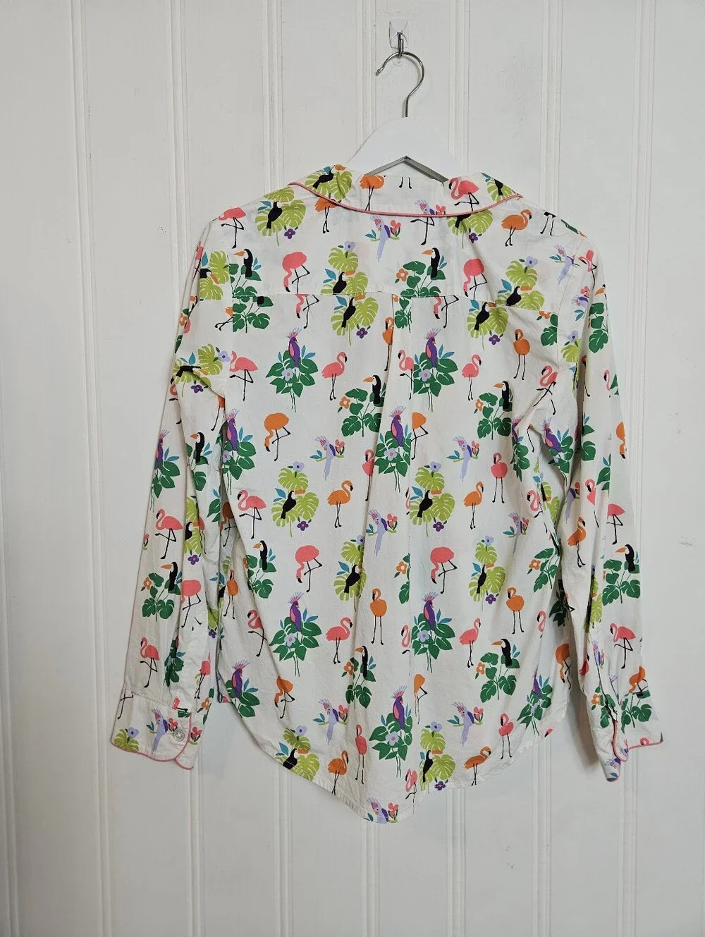 The Company Store Pajama Top S Cotton Poplin Tropical Flamingo Birds Print White